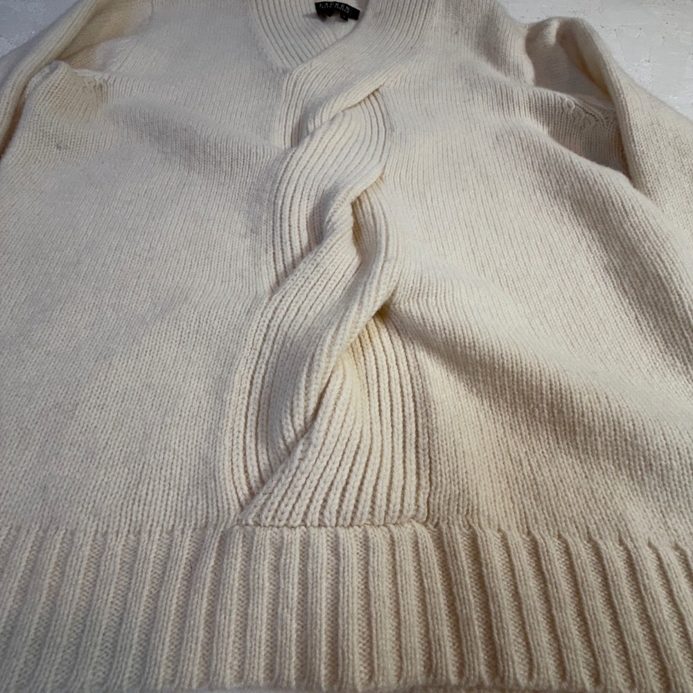 Lauren Ralph Lauren Lambswool Cable Knit Sweater Large Cream Shawl Neck Pullover - Picture 9 of 11